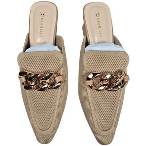 Newbella Mules Womens Shoes‎ Beige Knit Pointed Toe Chain Block Heel Slides 8